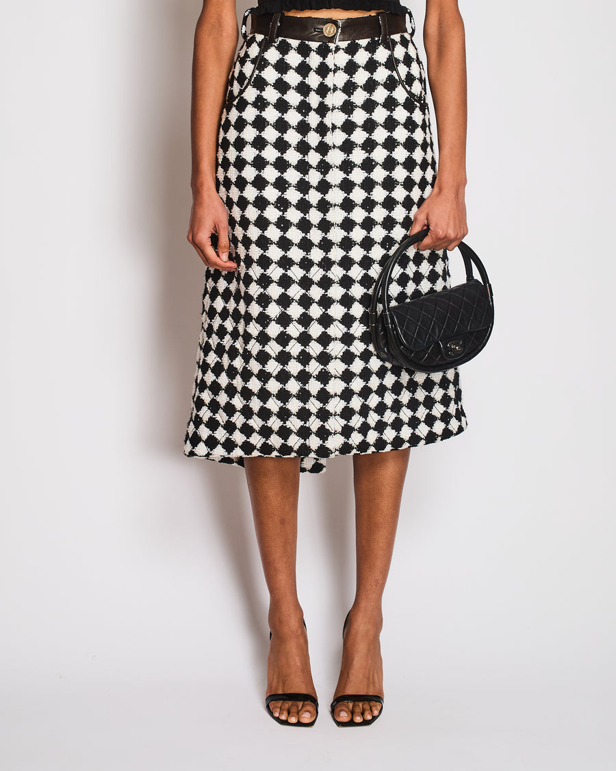 Chanel Black and White Checkered Asymmetric Midi Skirt With Sequins and Leather Details Size FR 36 (UK 8)