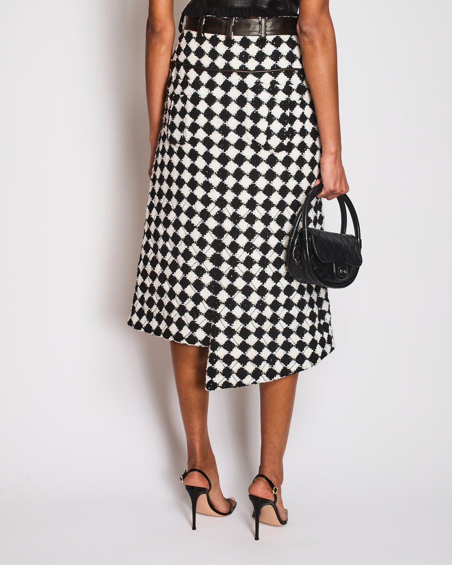 Chanel Black and White Checkered Asymmetric Midi Skirt With Sequins and Leather Details Size FR 36 (UK 8)