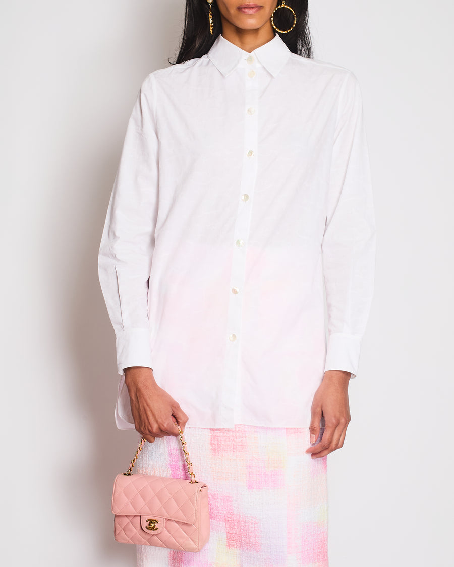 chanel white dress shirt CHANEL RARE 1990s Pleated Collar Shirt with Metal Clover Buttons - White - M