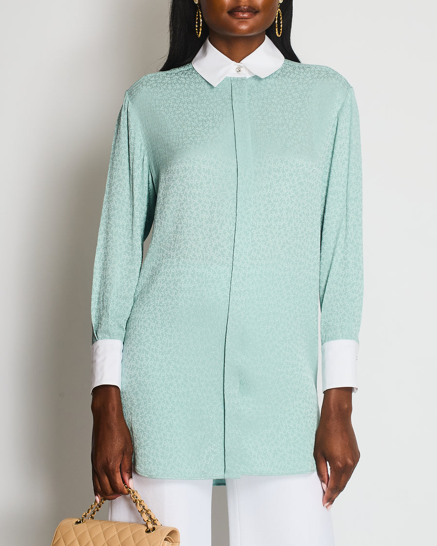 Chanel 21/K Pastel Green Long Sleeve CC Silk Shirt with Collar and Cuff Detail Size FR 34 (UK 6)