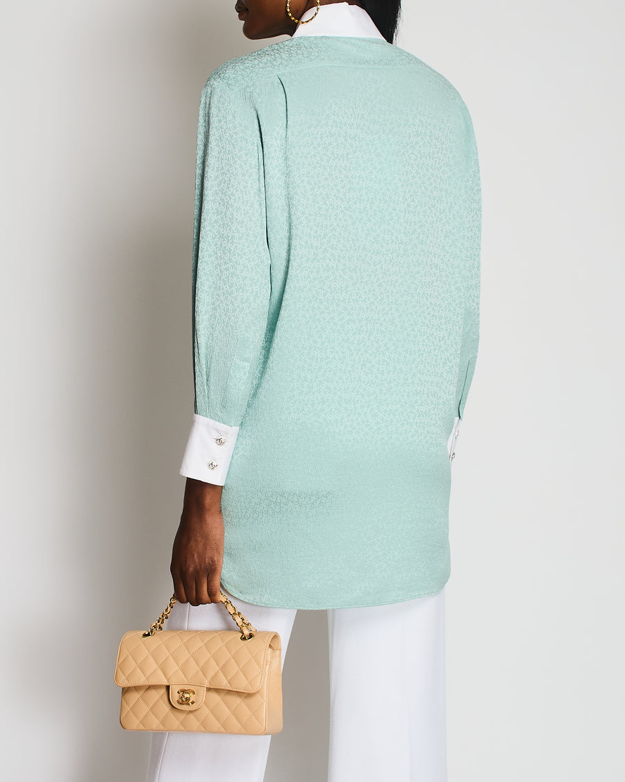 Chanel 21/K Pastel Green Long Sleeve CC Silk Shirt with Collar and Cuff Detail Size FR 34 (UK 6)