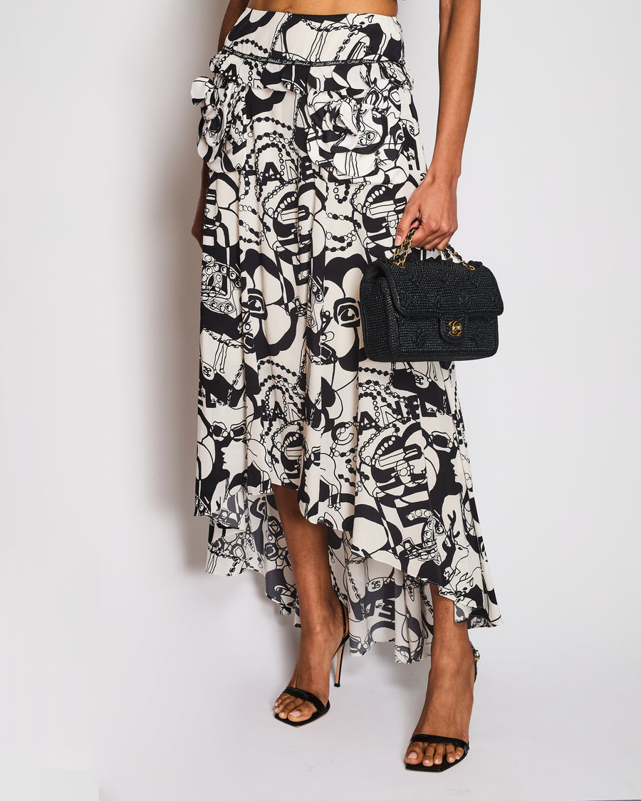 Chanel Cruise 22Black Gabrielle Coco Asymmetric Midi Skirt with Camellia Pocket Detail Size FR 36 (UK 8)
