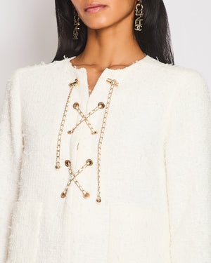 Chanel 21/P White Tweed Long Sleeve Midi Pocket Dress with Chain Fastening Detail Size FR 38 (UK 10)