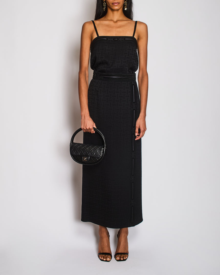 Hermès Black Geometric Print Midi Skirt with Embellishment Trim Detail Size FR 36 (UK 8)