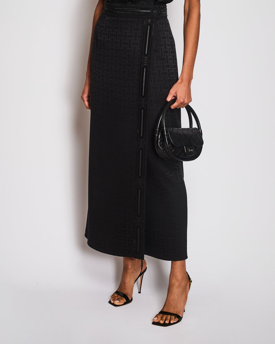 Hermès Black Geometric Print Midi Skirt with Embellishment Trim Detail Size FR 36 (UK 8)