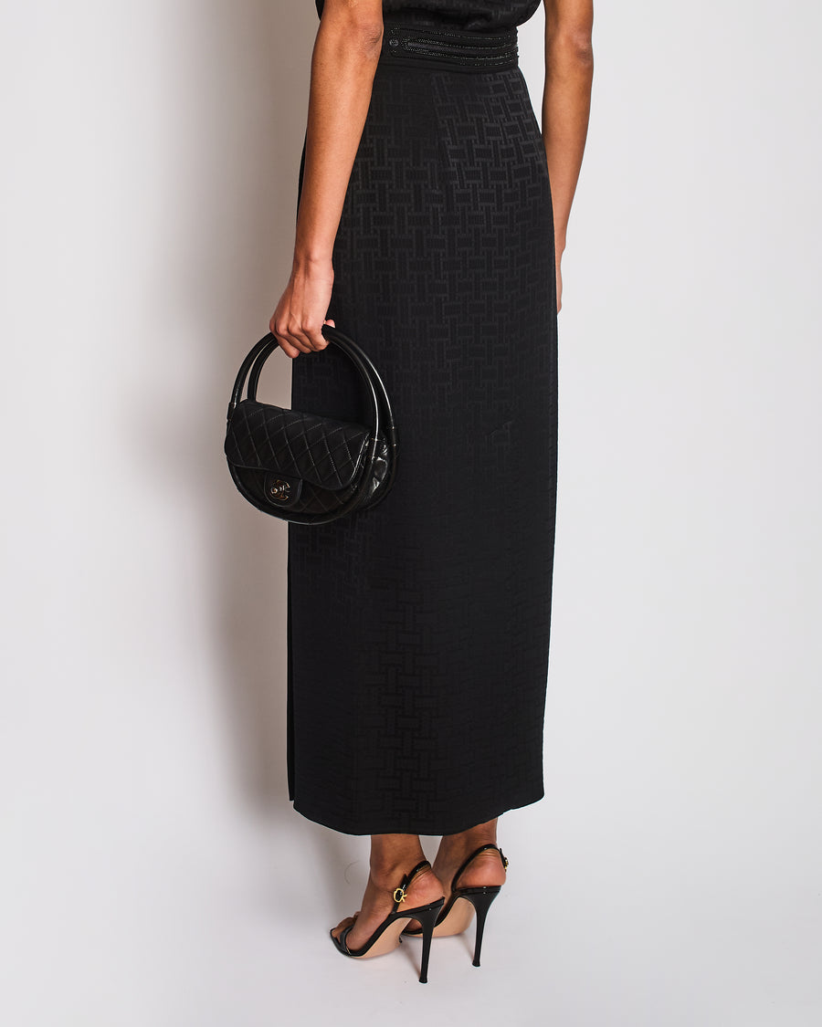 Hermès Black Geometric Print Midi Skirt with Embellishment Trim Detail Size FR 36 (UK 8)