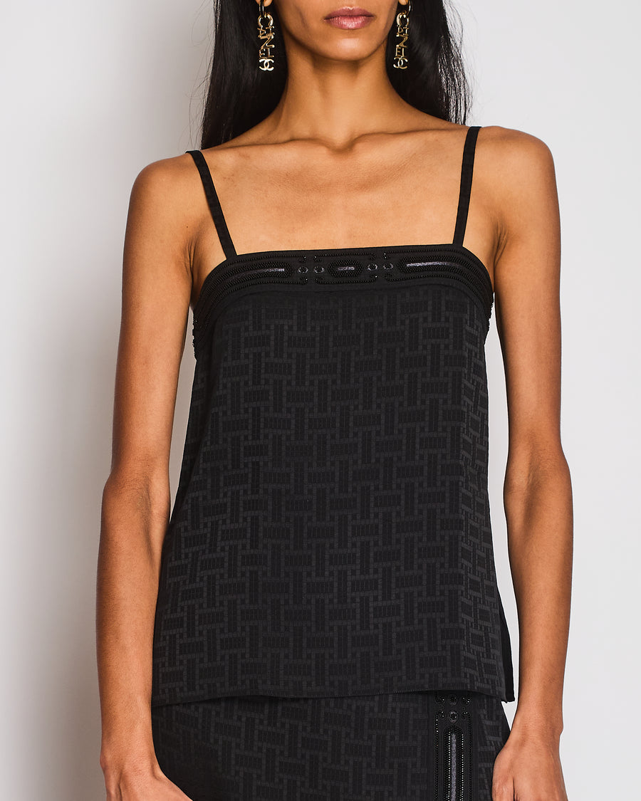 Hermès Black Geometric Print Top with Embellishment Trim Detail Size FR 36 (UK 8)