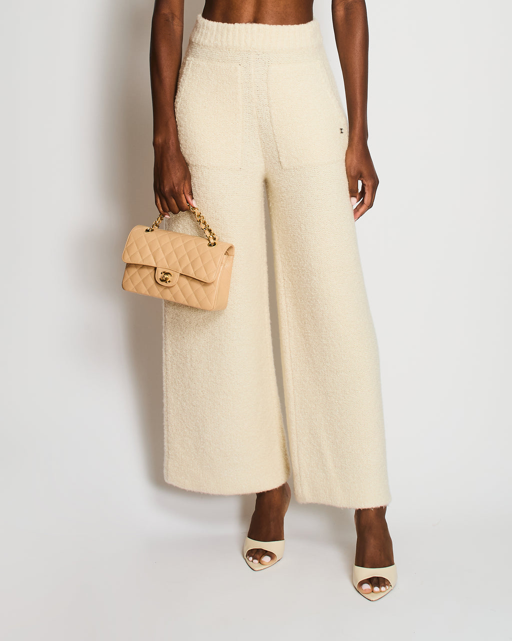 Chanel Ivory Knitted Cashmere Pants with CC Button Detail Size FR