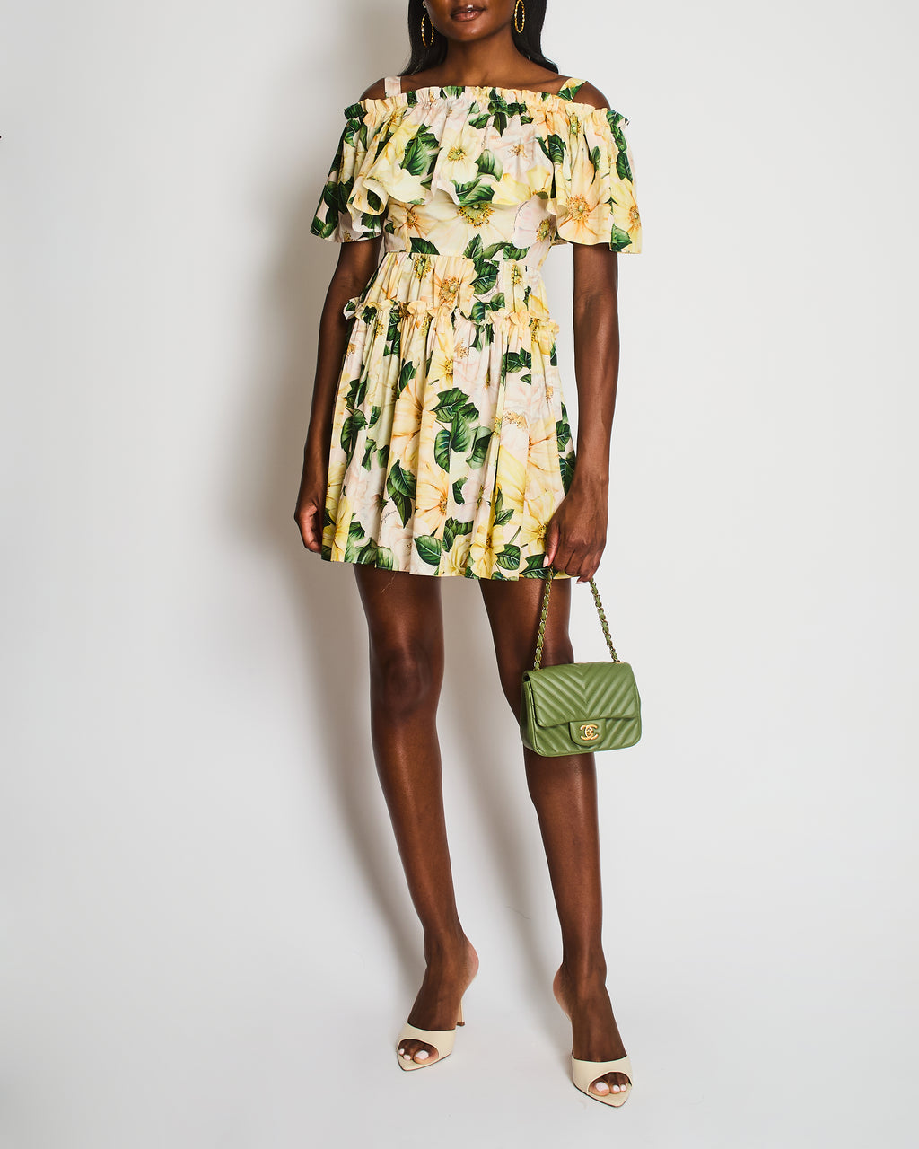 Dolce & Gabbana Yellow Floral Print Off-Shoulder Ruched Mini Dress Siz – Sellier
