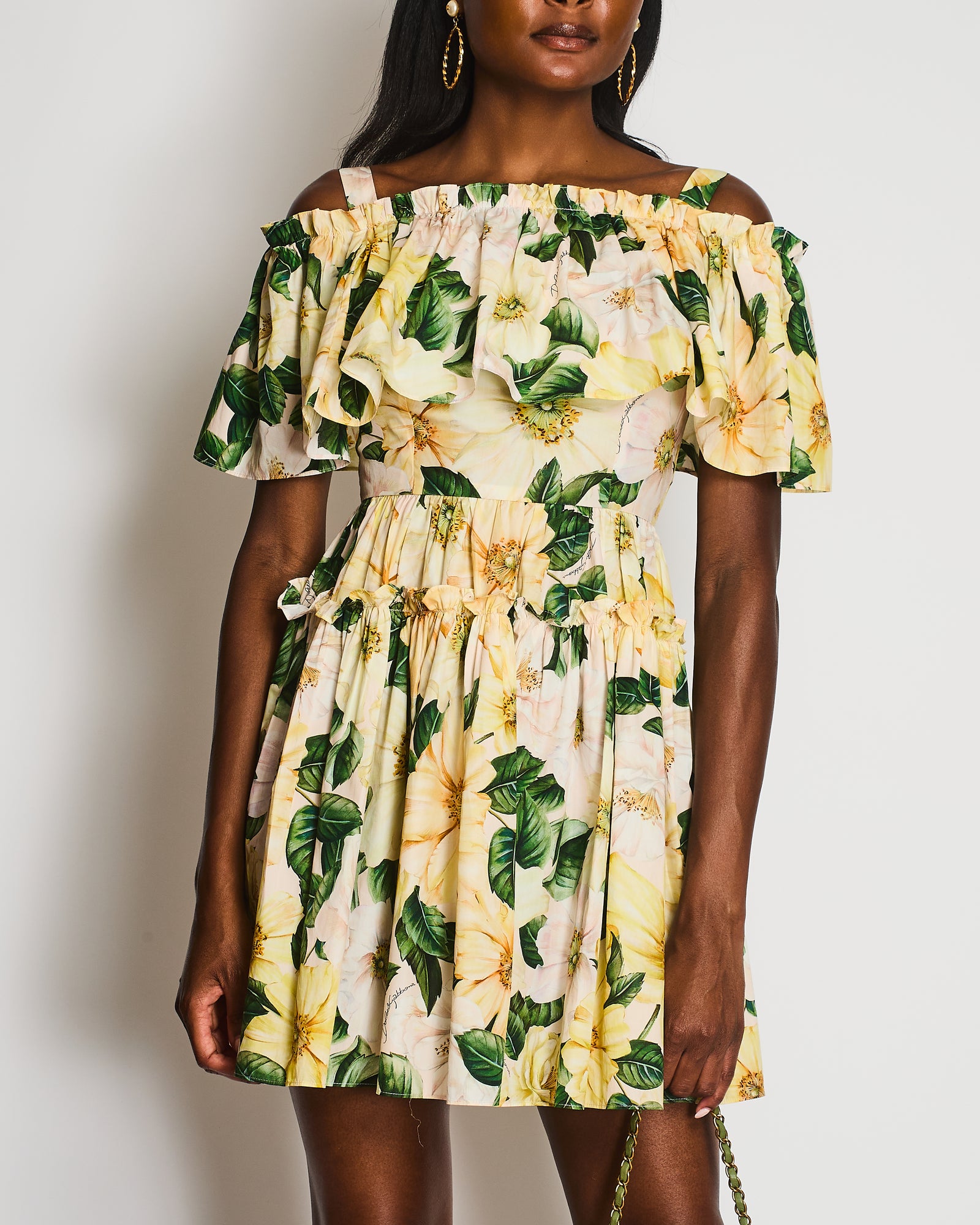 dolce and gabbana yellow dress Dolce & Gabbana Yellow Floral Print Off-Shoulder Ruched Mini Dress Siz – Sellier