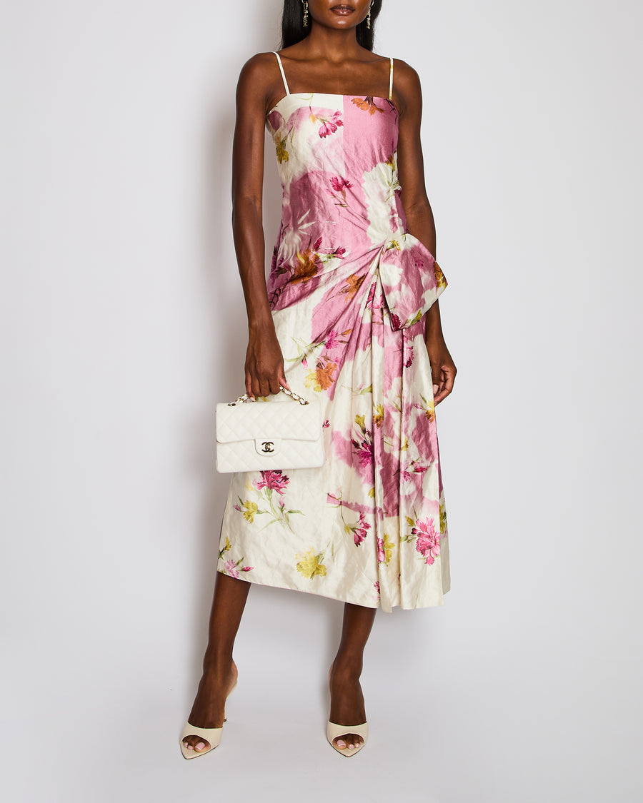 Erdem Pink and White Floral Print Strapless Midi Dress with Bow Detail Size UK 6