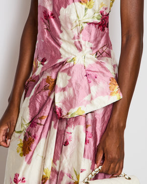 Erdem Pink and White Floral Print Strapless Midi Dress with Bow Detail Size UK 6