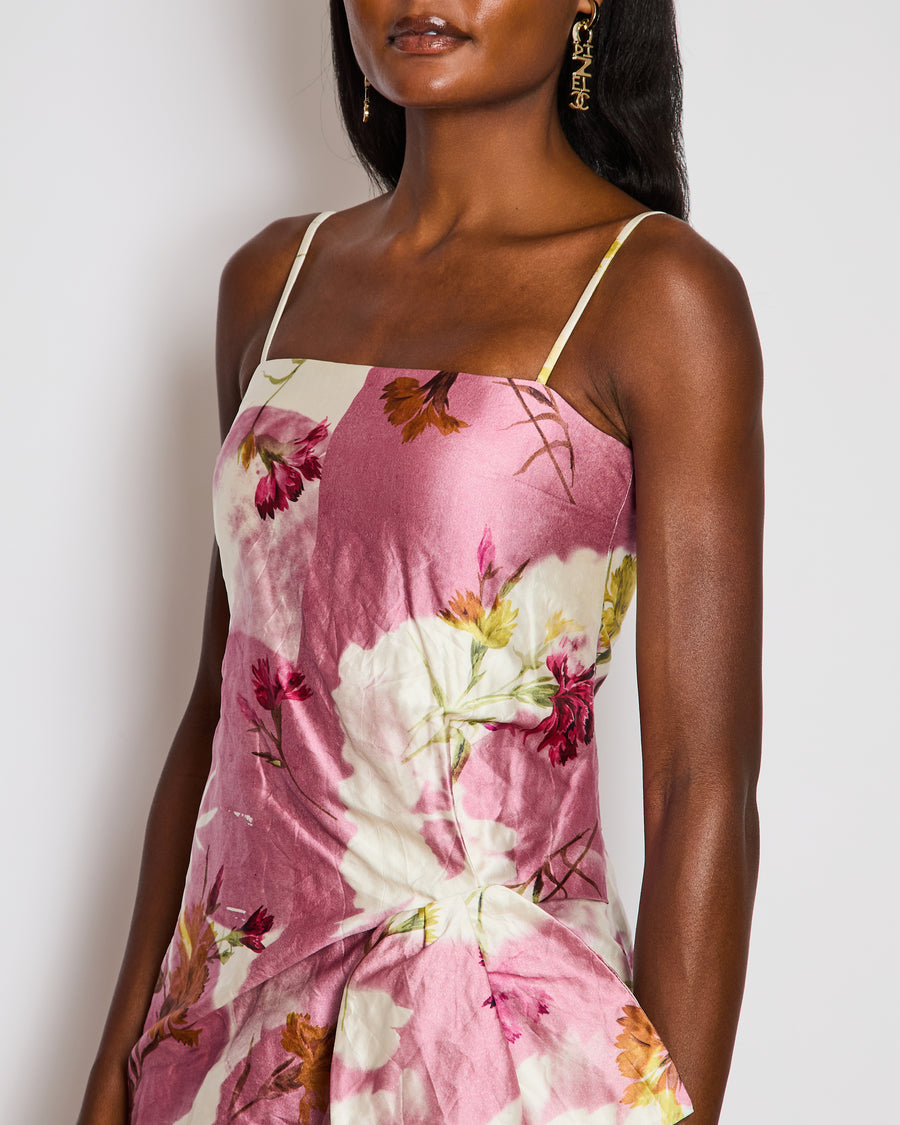 Erdem Pink and White Floral Print Strapless Midi Dress with Bow Detail Size UK 6