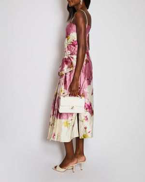 Erdem Pink and White Floral Print Strapless Midi Dress with Bow Detail Size UK 6