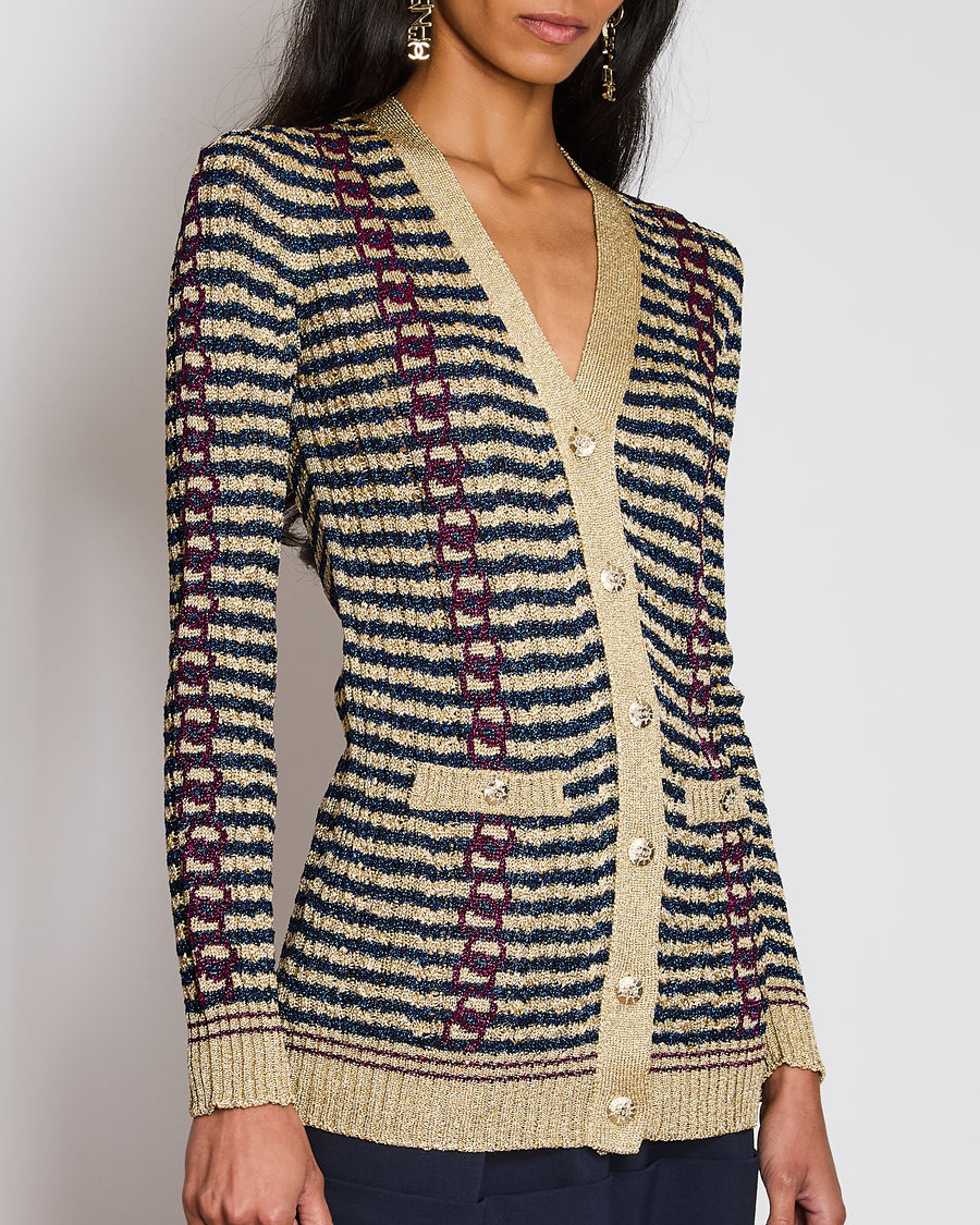 Chanel Gold and Blue Striped Glitter Cardigan with Red CC Logo Print and Gold CC Logo Buttons Size FR 36 (UK 8)