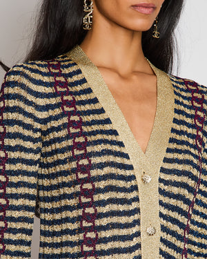 Chanel Gold and Blue Striped Glitter Cardigan with Red CC Logo Print and Gold CC Logo Buttons Size FR 36 (UK 8)