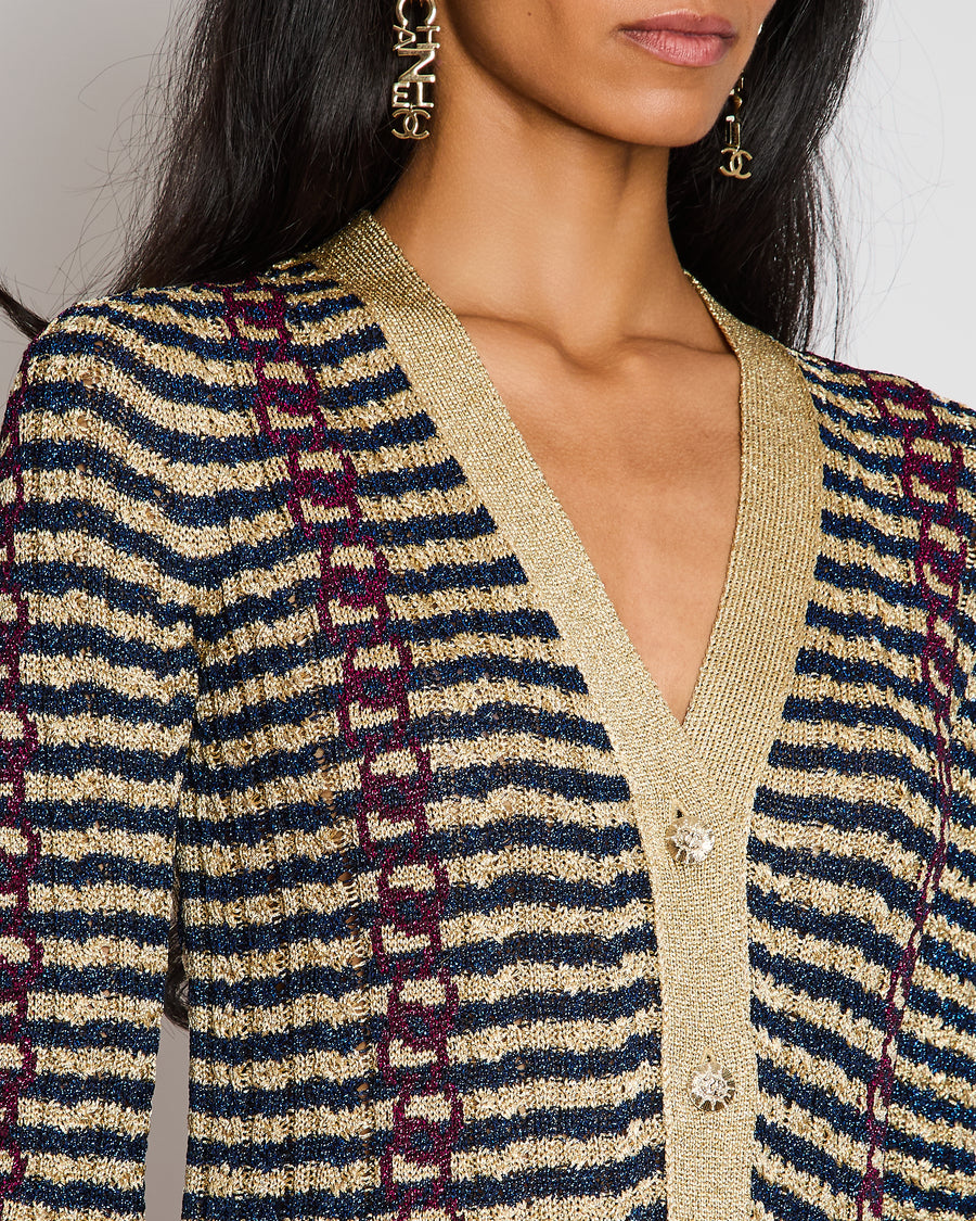 Chanel Gold and Blue Striped Glitter Cardigan with Red CC Logo Print and Gold CC Logo Buttons Size FR 36 (UK 8)