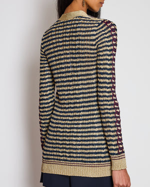 Chanel Gold and Blue Striped Glitter Cardigan with Red CC Logo Print and Gold CC Logo Buttons Size FR 36 (UK 8)