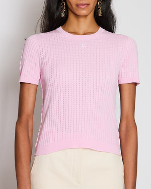 Chanel Pink Ribbed Short Sleeve T-Shirt with CC Logo Detail Size FR 40 (UK 12)
