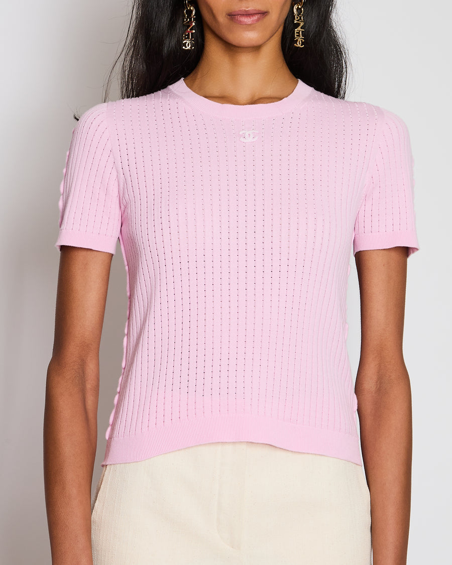 Chanel Pink Ribbed Short Sleeve T-Shirt with CC Logo Detail Size FR 40 (UK 12)