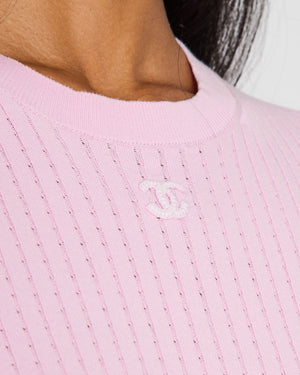 Chanel Pink Ribbed Short Sleeve T-Shirt with CC Logo Detail Size FR 40 (UK 12)