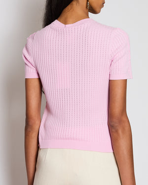 Chanel Pink Ribbed Short Sleeve T-Shirt with CC Logo Detail Size FR 40 (UK 12)