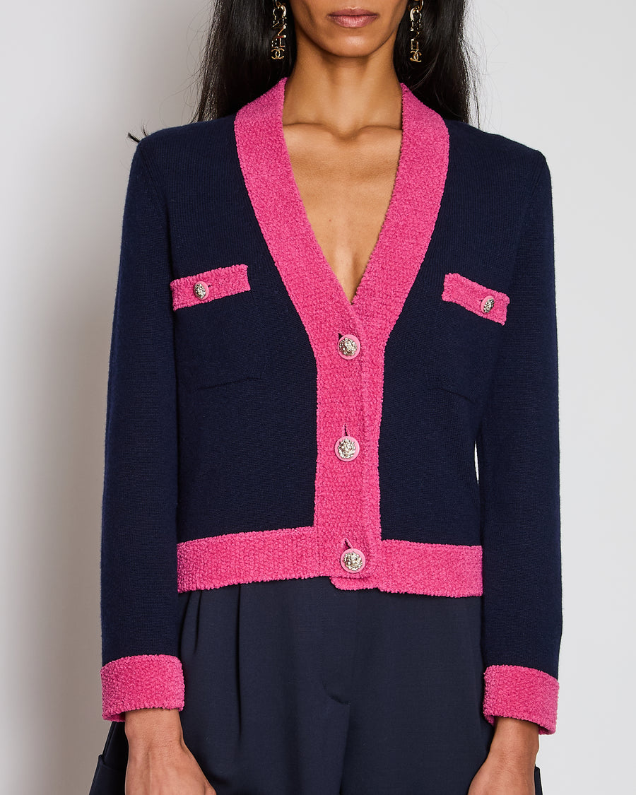 Chanel Purple Cardigan with Pink Contrast Trim and Embellished Buttons Size FR 36 (UK 8)