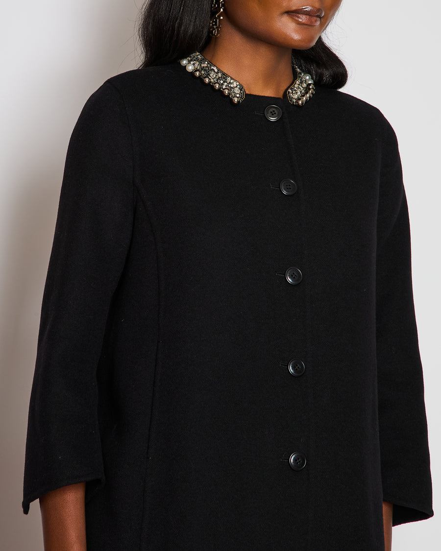 Ermanno Scervino Black Overcoat with Embellished Collar Size IT 36 (UK 4)