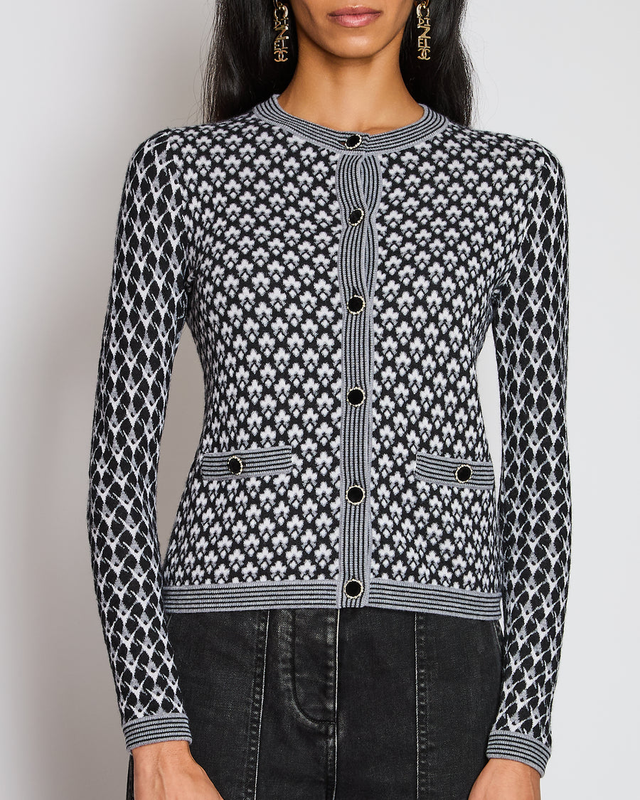 Chanel Black, White, and Grey Cashmere Cardigan with Velvet and Pearl Buttons Size FR 34 (UK 6)