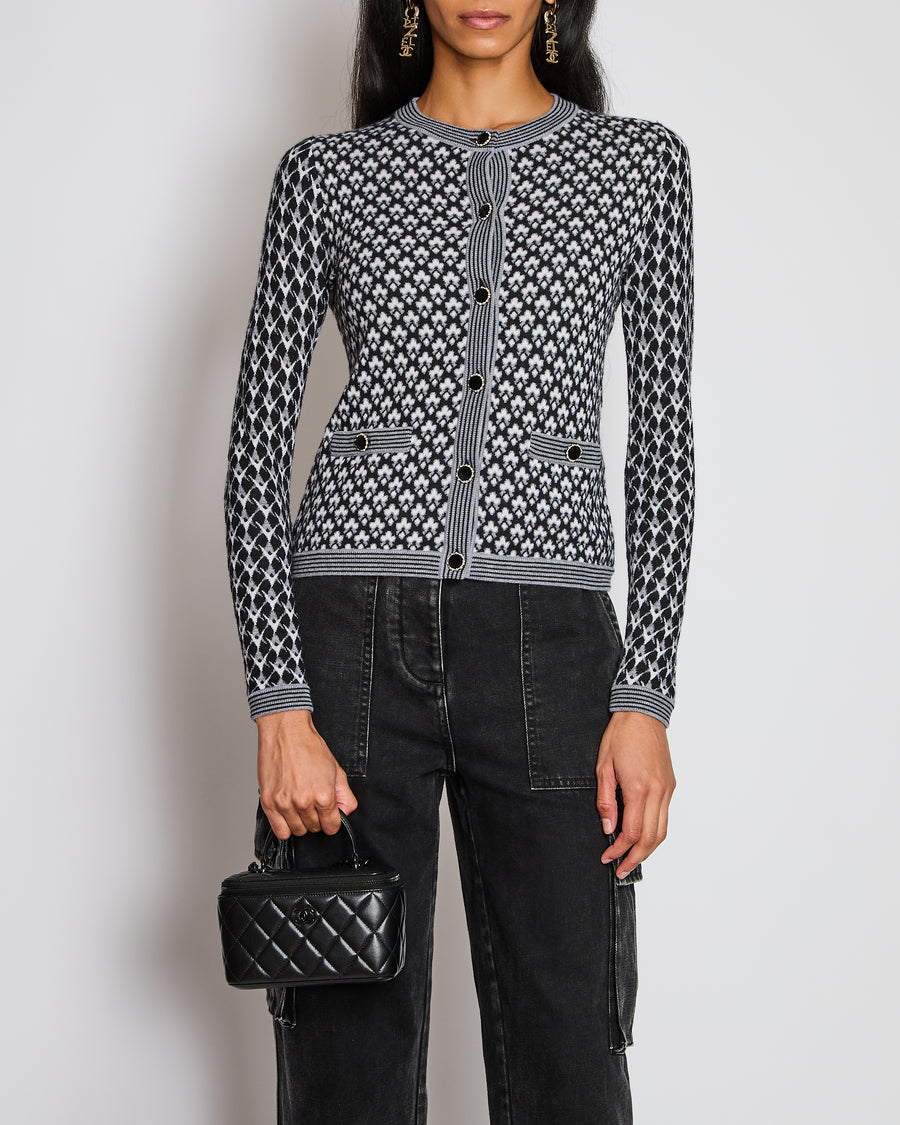Chanel Black, White, and Grey Cashmere Cardigan with Velvet and Pearl Buttons Size FR 34 (UK 6)
