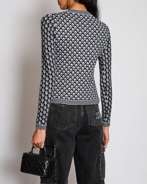 Chanel Black, White, and Grey Cashmere Cardigan with Velvet and Pearl Buttons Size FR 34 (UK 6)