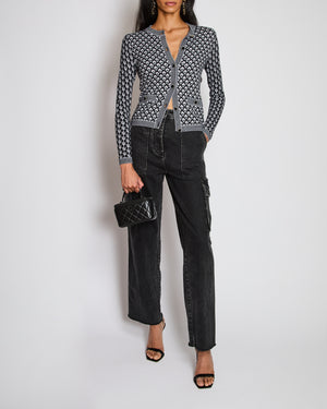 Chanel Black, White, and Grey Cashmere Cardigan with Velvet and Pearl Buttons Size FR 34 (UK 6)
