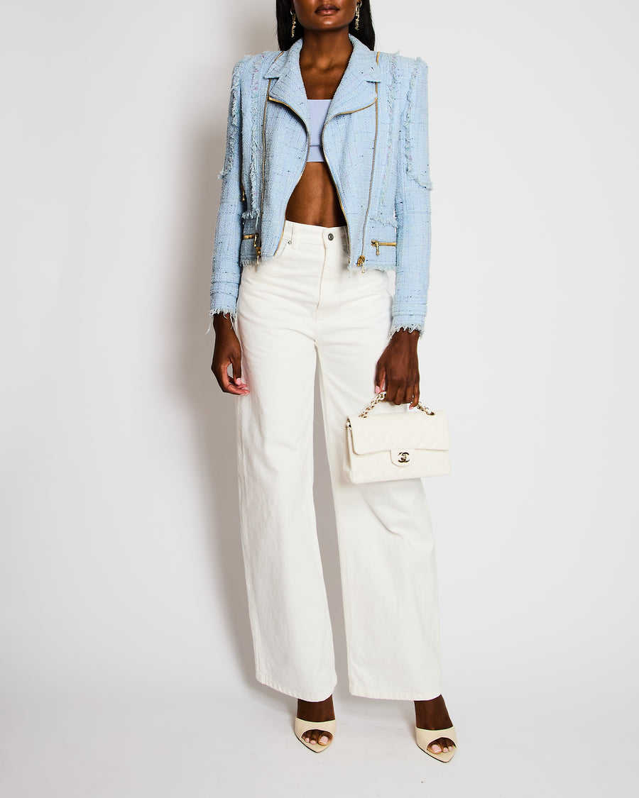 Balmain Light Blue Tweed Jacket with Shimmery Threads and Gold Zipper Details Size FR 36 (UK 8)