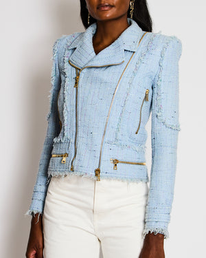 Balmain Light Blue Tweed Jacket with Shimmery Threads and Gold Zipper Details Size FR 36 (UK 8)