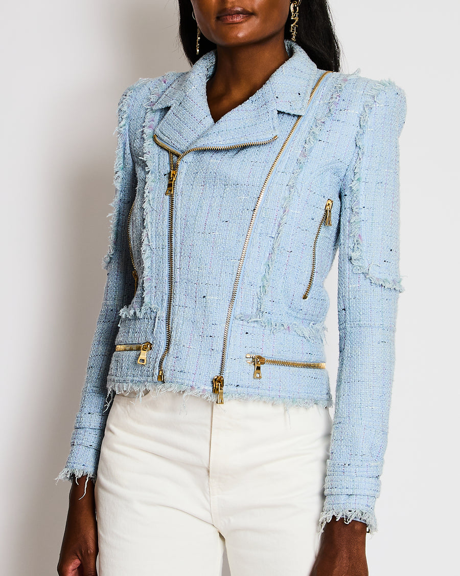 Balmain Light Blue Tweed Jacket with Shimmery Threads and Gold Zipper Details Size FR 36 (UK 8)