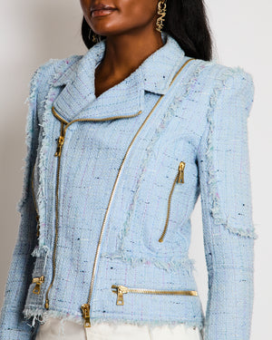 Balmain Light Blue Tweed Jacket with Shimmery Threads and Gold Zipper Details Size FR 36 (UK 8)