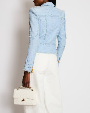 Balmain Light Blue Tweed Jacket with Shimmery Threads and Gold Zipper Details Size FR 36 (UK 8)