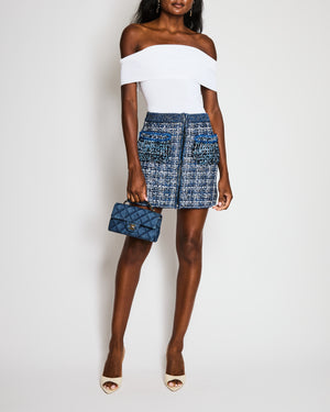 Chanel Blue, White and Silver Tweed Mini Skirt with Front and Back CC Logo Zippers Size FR 34 (UK 6)