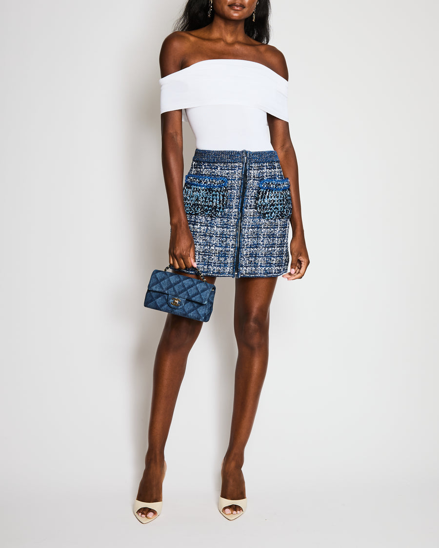 Chanel Blue, White and Silver Tweed Mini Skirt with Front and Back CC Logo Zippers Size FR 34 (UK 6)
