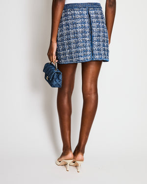 Chanel Blue, White and Silver Tweed Mini Skirt with Front and Back CC Logo Zippers Size FR 34 (UK 6)