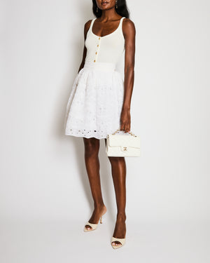 Chanel White Crochet Mini Skirt with Ribbed Waistband and Silver Mirror CC Logo Button Detail Size FR 34 (UK 6)