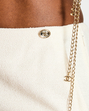 Chanel Cream Knit Wide Leg Trousers with Silver Mirror CC Logo Button Detail Size FR 36 (UK 8)
