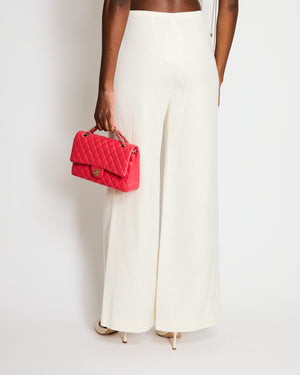 Chanel Cream Knit Wide Leg Trousers with Silver Mirror CC Logo Button Detail Size FR 36 (UK 8)