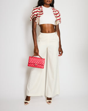 Chanel Cream Knit Wide Leg Trousers with Silver Mirror CC Logo Button Detail Size FR 36 (UK 8)