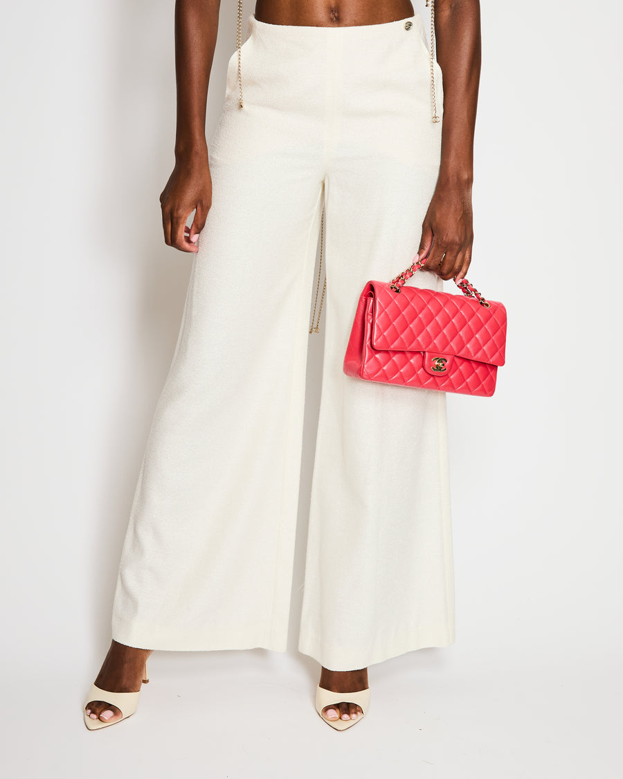 Chanel Cream Knit Wide Leg Trousers with Silver Mirror CC Logo Button Detail Size FR 36 (UK 8)
