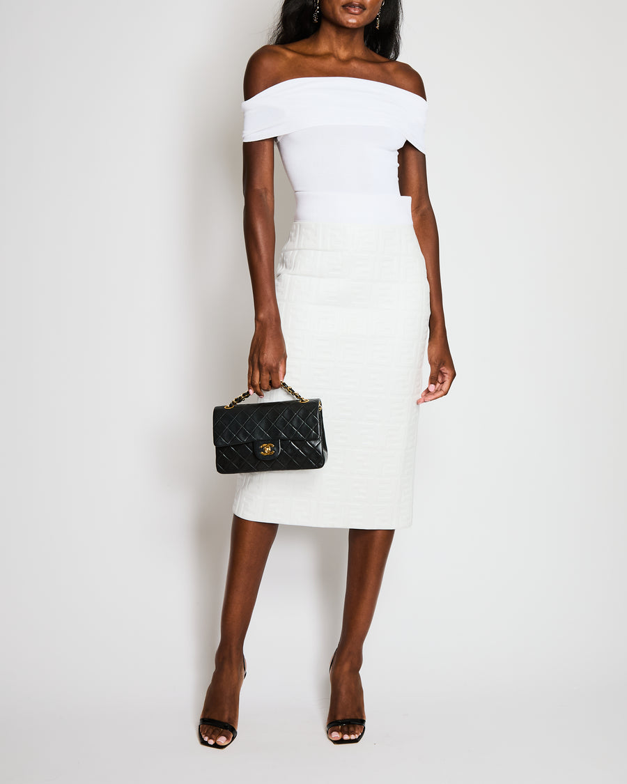 Fendi White Lambskin FF Logo Printed Midi Skirt with White Ribbed Waistband Detail Size IT 40 (UK 8) RRP £2,600