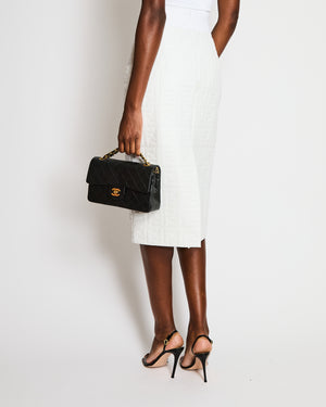 Fendi White Lambskin FF Logo Printed Midi Skirt with White Ribbed Waistband Detail Size IT 40 (UK 8) RRP £2,600