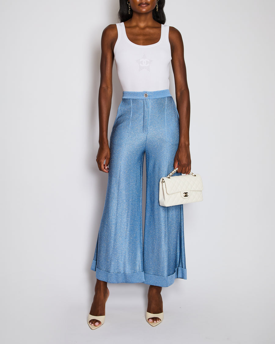 Chanel Light Blue Shimmery Wide-Leg Trousers with Silver Crystal Embellished Logo Buttons Size FR 36 (UK 8)