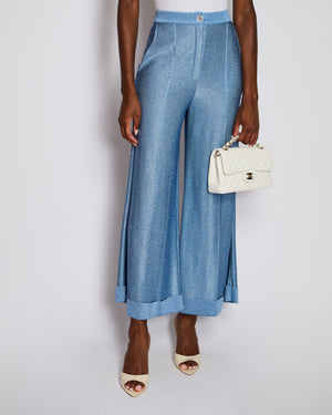 Chanel Light Blue Shimmery Wide-Leg Trousers with Silver Crystal Embellished Logo Buttons Size FR 36 (UK 8)