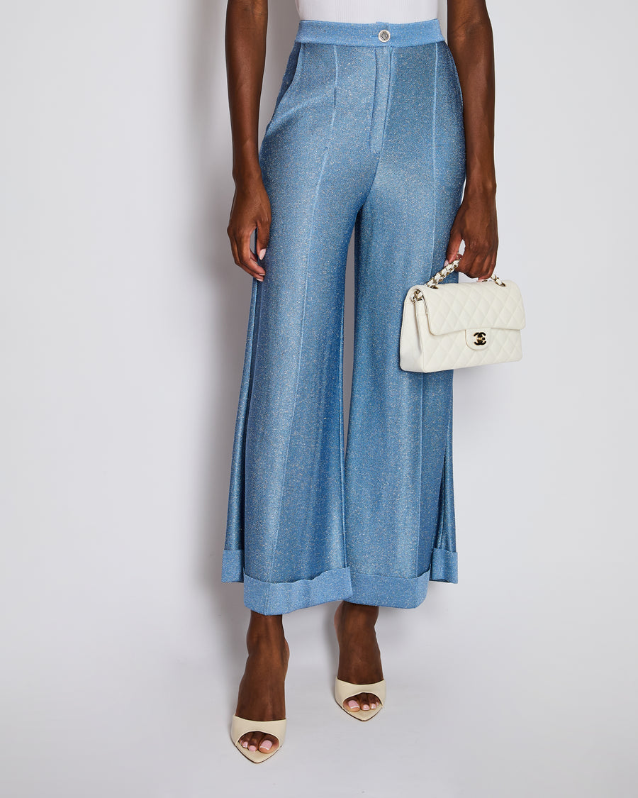 Chanel Light Blue Shimmery Wide-Leg Trousers with Silver Crystal Embellished Logo Buttons Size FR 36 (UK 8)
